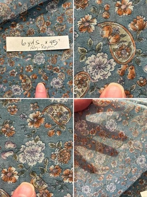 6 Yds VTG Semi-Sheer Fabric Blue Brown Floral Paisley Poly-Rayon 45" wide NEW - Image 1 of 4