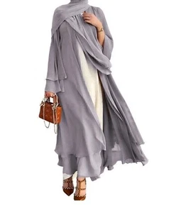 Ladies Muslim Kimono Abaya Kaftan Chiffon Long Open Top Coat Grey Size M - Picture 1 of 12