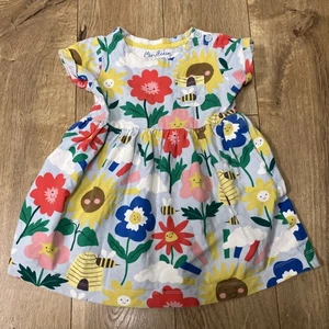 Mini Boden Floral Dress 2-3y Happy Flowers Face Smile Blue Sky Girls - Picture 1 of 3