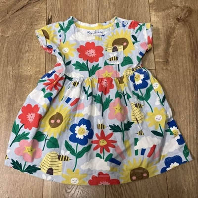 Mini Boden Floral Dress 2-3y Happy Flowers Face Smile Blue Sky Girls - Image 1 of 3