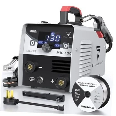 Сварочный аппарат STAHLWERK 130 ампер для сварки в инертном газе - 110 В/220 В с флюсовым сердечником, двойной режим MIG/ARC,  - Изображение 1 из 4