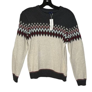 Janie & Jack Boys Fair Isle Crewneck Sweater Size 12 100% Cotton Gray & Cream - Picture 1 of 6