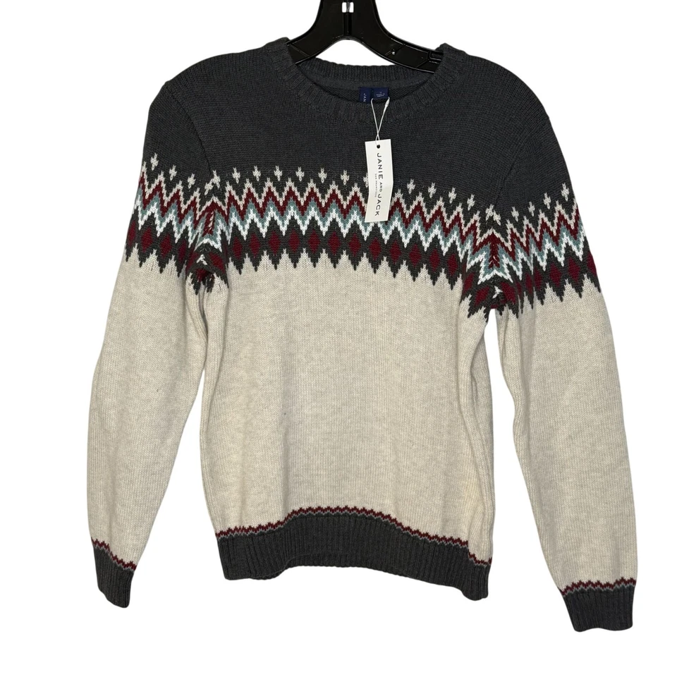 Janie & Jack Boys Fair Isle Crewneck Sweater Size 12 100% Cotton Gray & Cream - Image 1 of 4