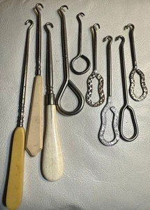 Lot 9 Antique Celluloid and Metal Shoe Button Hooks Shoes Victorian Dress Tools - Picture 1 of 14