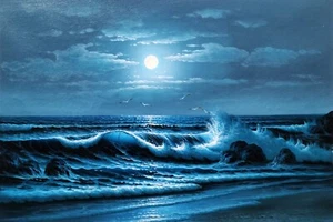 Night Ocean  #5C-BNO-3,  24x36,  100% Hand Painted Oil Painting on Canvas, - Picture 1 of 6