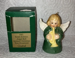 1985 Goebel Annual Angel Bell Christmas Ornament & Box ~ Green with Trumpet - Picture 1 of 6