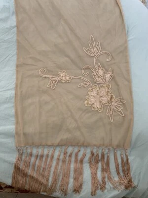 Mantón Sue Wong 100 % nailon bufanda con flecos grande marrón beige con cuentas lentejuelas encaje A1 Foto 1 de 4