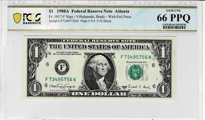 1988A $1 Federal Reserve 'WEB' Note-fr.1917-F (FN 5/4) -PCGS GEM  66 PPQ - Image 1 of 4