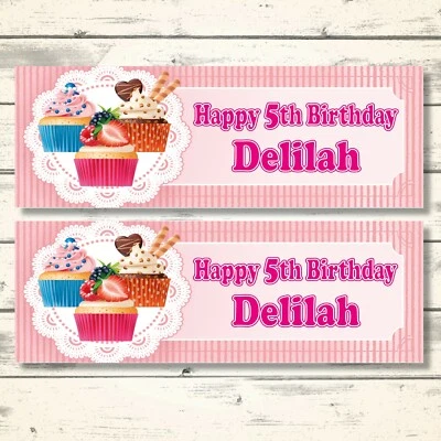 2 PERSONALISED CUPCAKE BIRTHDAY/PARTY BANNERS - ANY NAME/ANY AGE/ANY MESSAGE - Image 1 of 3