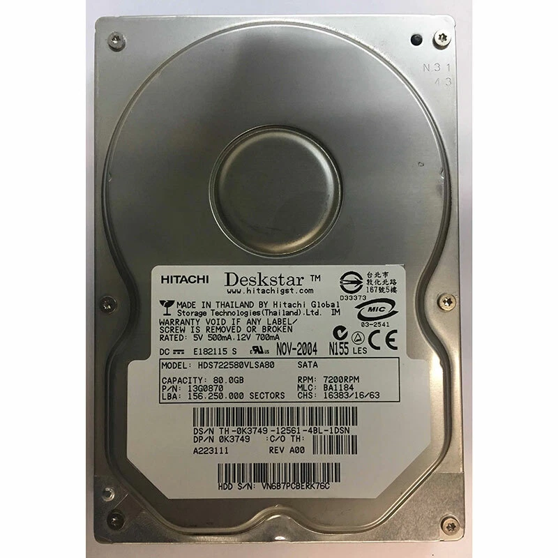 13G0870 - Hitachi 80GB 7200 RPM SATA 3.5" HDD - Image 1 of 1