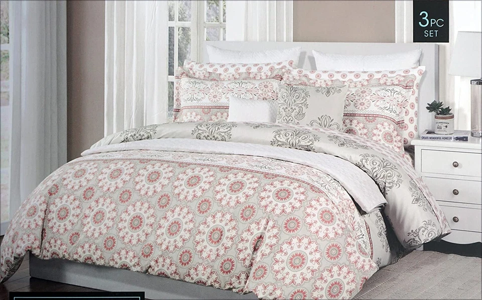 Conjunto de capa de edredom Cynthia Rowley 3 peças medalhão floral coral, cinza e branco KING - Imagem 1 de 4