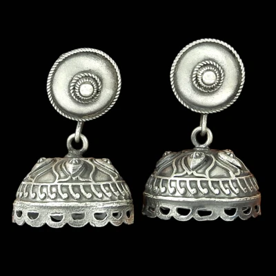 Brincos Jhumki clássicos art déco prata oxidada sólida 925 presente para mulheres meninas - Imagem 1 de 4