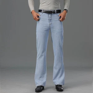 Men Bell Bottom Jean Slim Long Flares Denim Pants Retro 60s Bootcut Trouser Long - Picture 1 of 8