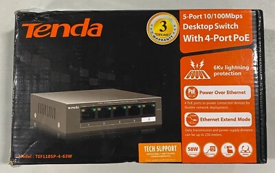 Tenda TEF1105P-4-63W 5-Port 10/100Mbps Desktop Switch with 4-Port PoE. - Image 1 of 2