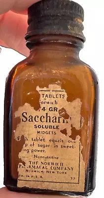 Vintage Amber Glass Saccharin (Soluble) Bottle – Sweetening Tablets Container - Image 1 of 4