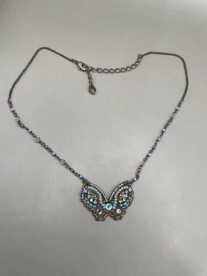 Gold/Bronze Tone Metal Rhinestones Beaded Butterfly Pendant Chain Boho Necklace - Image 1 of 4