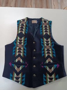 Vtg Pendleton High Grade Western Wear Navajo Aztec Wool Vest 42 Black/Blue USA  - Picture 1 of 7