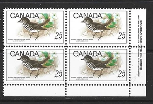 CANADÁ - BLOQUE DE PLACA INFERIOR DERECHA ZORZAL ERMITAÑO 1969 - SCOTT 498 - MNH - Imagen 1 de 1