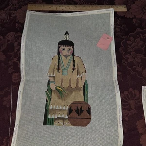 Vintage Needlepoint Canvas Indian Squaw  Thanksgiving New - Picture 1 of 1