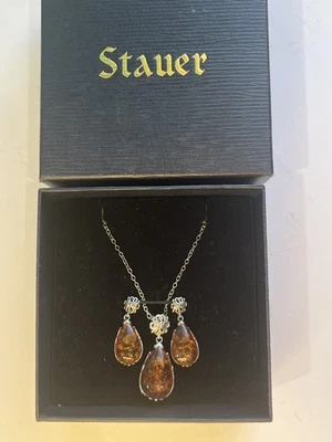 Vintage Stauer Italy Sterling Silver Necklace & Earrings Set TEARDROP AMBER - Image 1 of 4