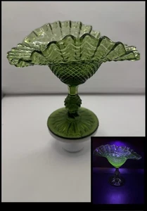VTG Green Candy Diamond Point Ruffled Glass Pedestal Dish- Ivima Portugal - Picture 1 of 13