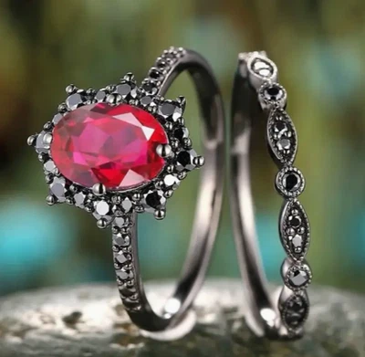 Conjunto de 2 anillos de piedras preciosas rojas joyas de moda navideñas NUEVO envío gratuito TALLA 9 Foto 1 de 4