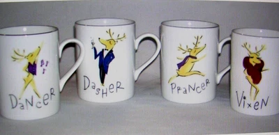 POTTERYBARN CHRISTMAS CELEBRATING REINDEER MUGS SET OF FOUR 4" HEIGHT N/ORIG/BOX - Image 1 of 4