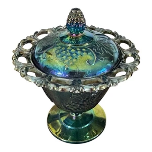 Vintage Indiana Glass Blue Iridescent Carnival Grape Compote Candy Dish Lid - Picture 1 of 7