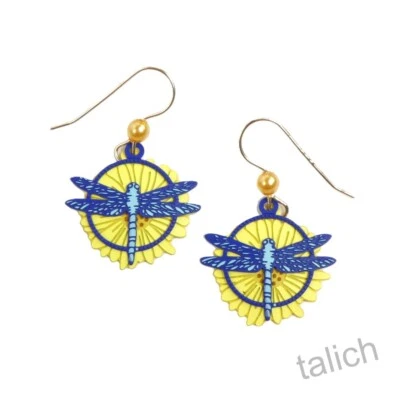 Sienna Sky Earrings 14K Gold Filled Hook Blue Dragonfly on Sunflower Handmade - Image 1 of 4