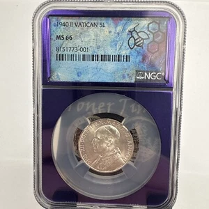 1940 II VATICAN SILVER 5 LIRE NGC MS 66 TraderBea Purple Core Low Pop - Picture 1 of 4