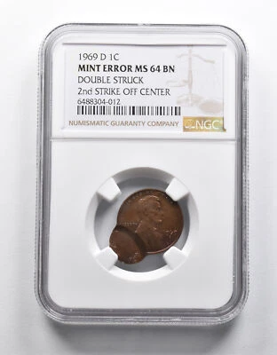 Mint Error MS64 1969-D Lincoln Cent DBL Struck 2nd Strike Off Center NGC *1949 - Image 1 of 3