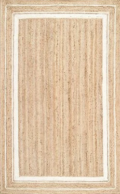 Rug Jute Rectangle Beige with White Hand Braided Farmhouse Area Rug Rustic Look - Image 1 of 4