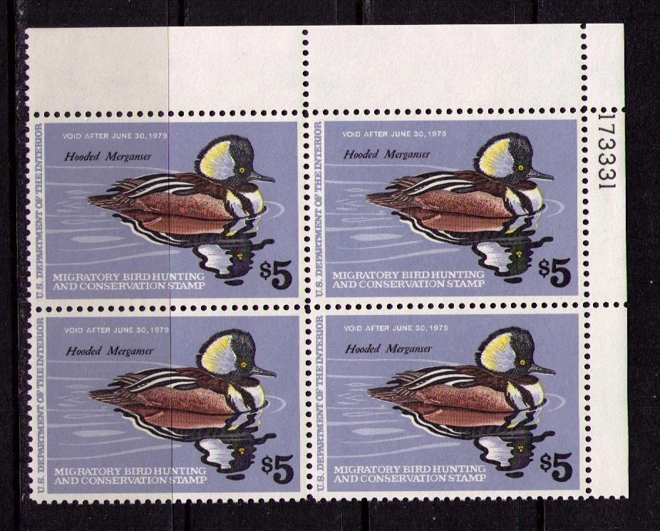 US USA Sc# RW45 MNH FVF PLATE# BLOCK Hooded Merganser Duck - Image 1 of 1