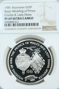 1981 ASCENSION ISLAND SILVER 25 PENCE DIANA ROYAL WEDDING NGC PF 69 ULTRA CAMEO - Picture 1 of 4