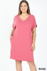 š Plus Size V-Neck Dress with Pockets Rose 1XLš - Picture 1 of 2
