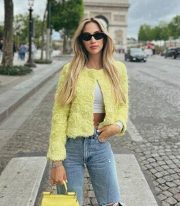 Zara Jacket With Textured Flower Detail Lime Yellow Green S M L XL 3920/111 New - Picture 1 of 21