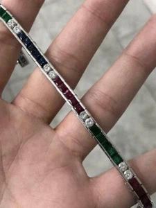 9Ct Princess Cut Lab Created Emerald Ruby 14K White Gold Plated Women's Bracelet - Picture 1 of 6