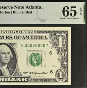 1977 $1 Federal Reserve Note PMG 65EPQ - Birthday Fancy Serial Number 00054000 - Picture 1 of 3
