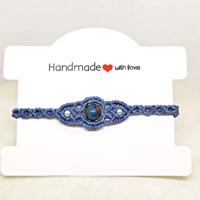 Armband Makramee dunkelblau geknotet versilberte Perlen & Natursteinperle Achat - Bild 1 von 4