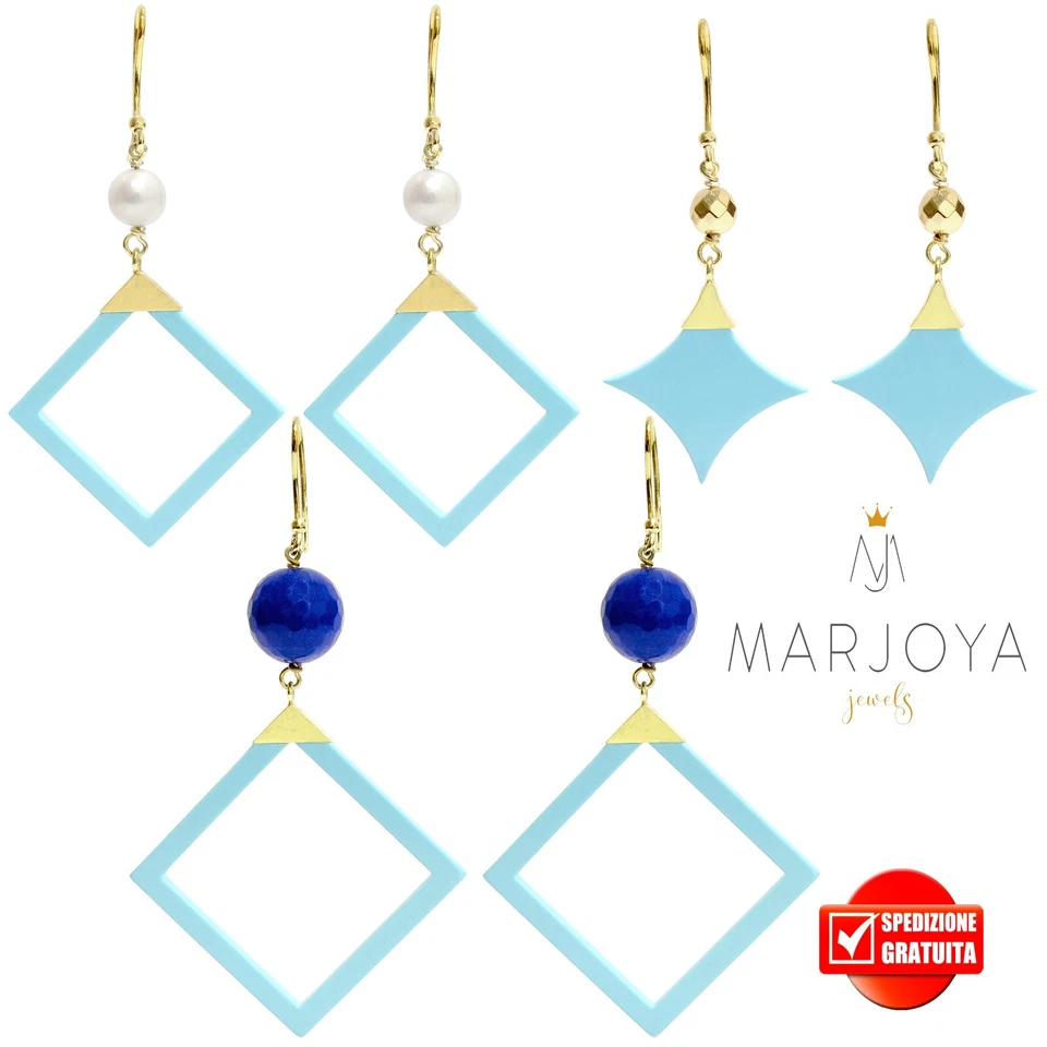 Orecchini con turchese,perle,quarzo blu,bianco,nero e argento dorato, pendenti - Immagine 1 di 1