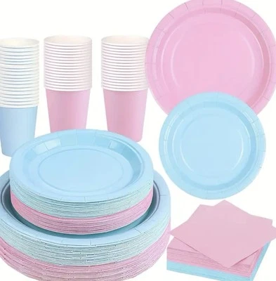 80pcs Gender Reveal Party Pack - Light Pink & Blue Paper Plates, Cups, Napkins - Image 1 of 4