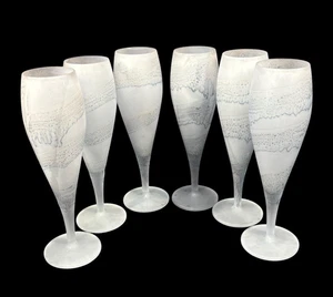 RARE Set of 6 Hebron Israel Hand Blown 9.75" Art Glass Champagne Flutes -Blue - Picture 1 of 5