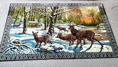 VTG Velvet Tapestry Deer Snowy Forest Wall Hanging Made In Italy 48x72 Cabin Den - Image 1 of 4
