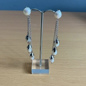925 Silver Statement Long Pearls on Chains Drop Earrings/ TGGC - Picture 1 of 5