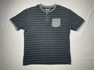 Distortion Men's Gray Striped Henley T-Shirt Short Sleeve Crew Neck Pocket Tee M - Picture 1 of 5