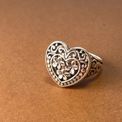 Anillo filigrana plata de ley corazón pergamino flores ornamentadas 925 talla 6 Foto 1 de 4