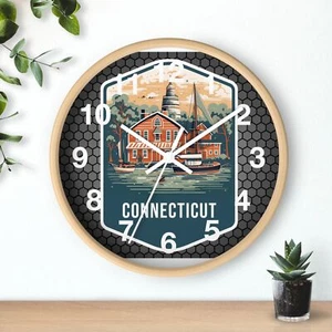  State Of Connectricut Skyline Art Wanduhr mit Vollholz 3D Rahmen Uhr - Bild 1 von 19