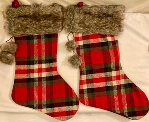 Chrismas Stockings Woodland Red Black Gray Fur Trim Plaid Set Of 2 Excellent - Picture 1 of 4