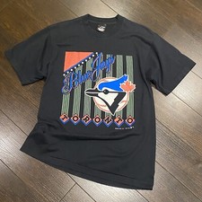 Vintage 1989 TORONTO BLUE JAYS T-Shirt Mens Size L Black SLIM FIT Single Stitch