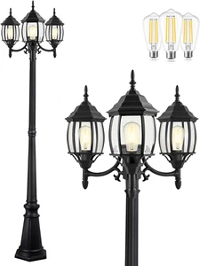PARTPHONER Outdoor Lamp Post Light 3-Head, Classic Black with Clear Glass Panels - Picture 1 of 12